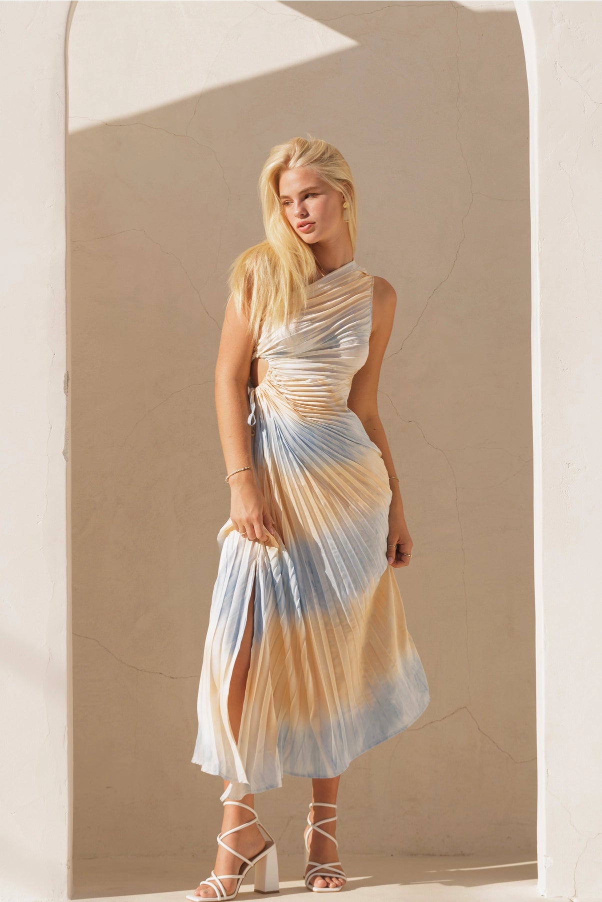 Printed Pleated Asymmetrical  Dress  (QD8571)