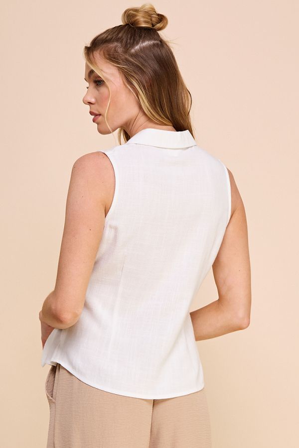 Soft Linen Collared Shirt with Tie - Off White (AT8354)