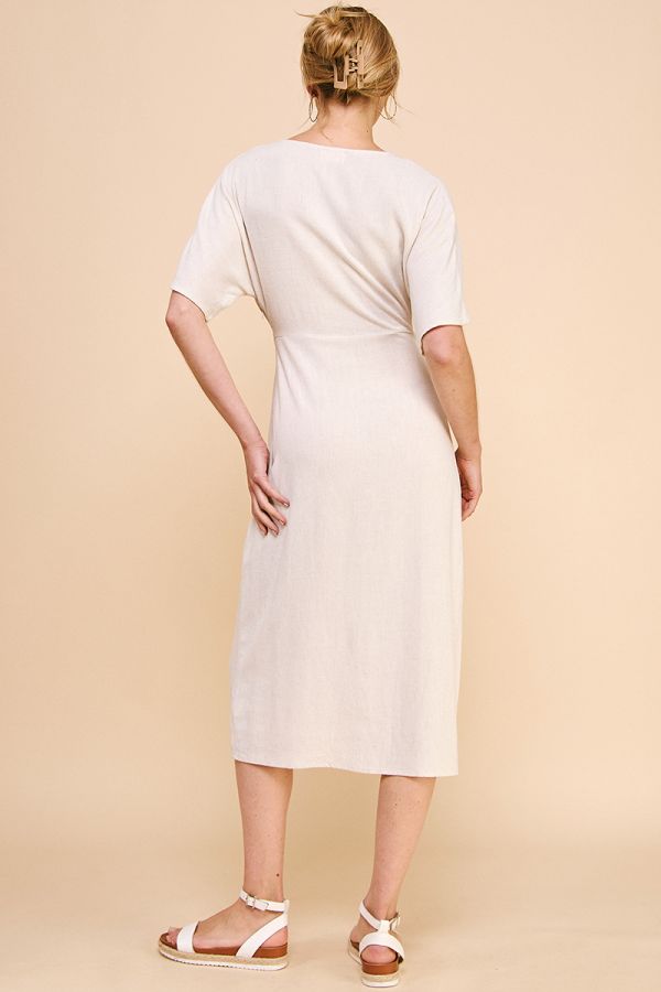 Soft Linen V-Neck Dolman Sleeve Midi Dress - Natural (HD4716)