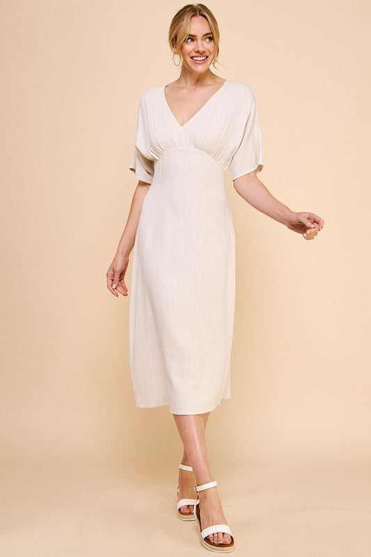 Soft Linen V-Neck Dolman Sleeve Midi Dress - Natural (HD4716)