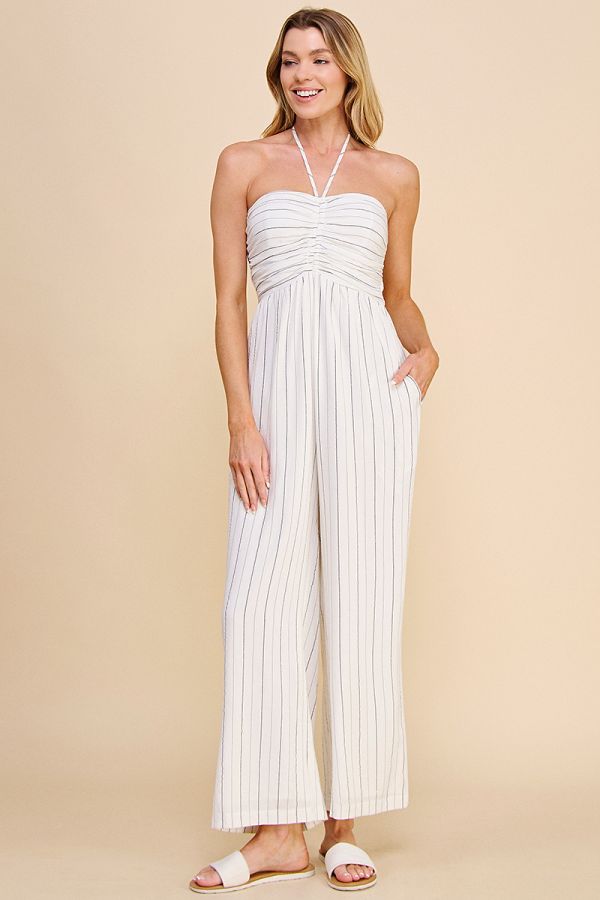 Spaghetti Halter-Tie Jumpsuit - Off White Stripe (AJ7702)