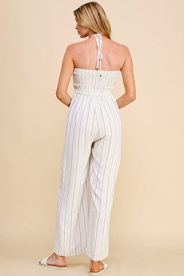 Spaghetti Halter-Tie Jumpsuit - Off White Stripe (AJ7702)