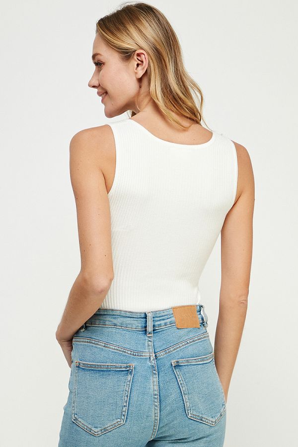 Square Neck Ribbed Bodysuit - Off White (ATS7298)