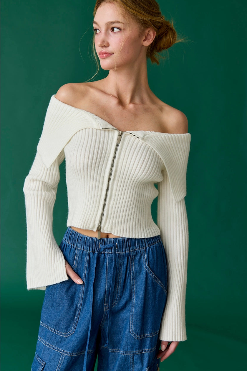 Audrey Off-Shoulder Ribbed Zip-Up Sweater